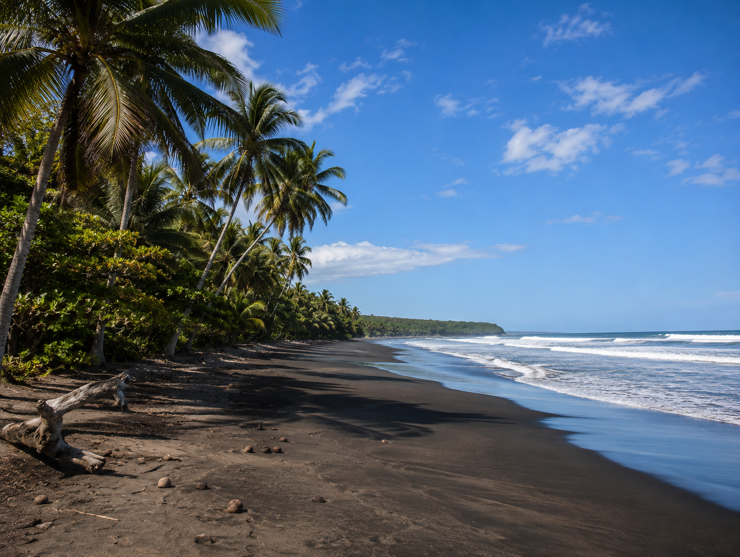 Palm-shaded black sand beach with surf rolling in under blue sky