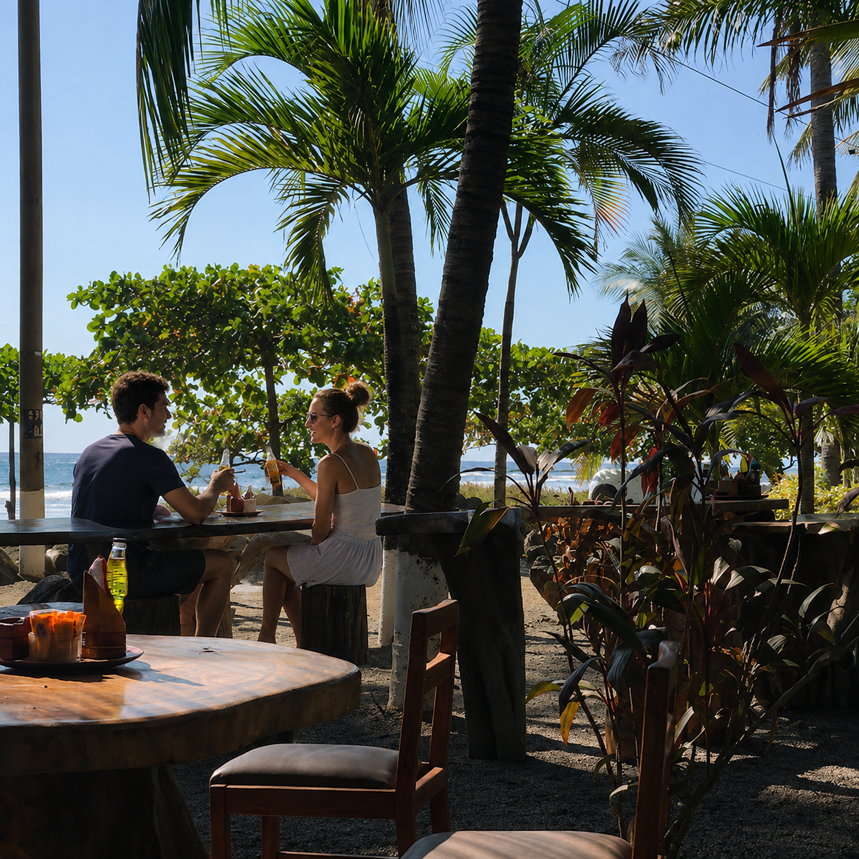 Couple toasting at a beachside table under palms in Marbella