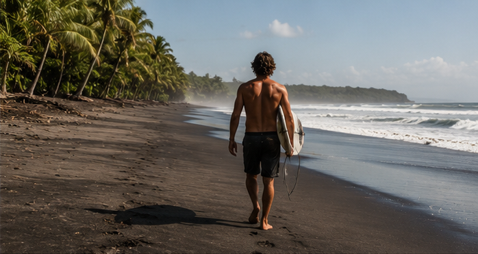 Surfer walking the dark sand at Playa Marbella