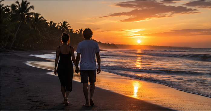 Couple walking the beach at sunset in Marbella
