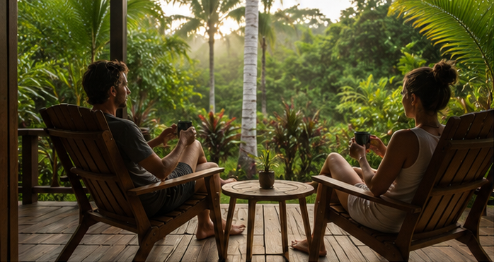 Morning coffee on the bungalow deck overlooking the jungle
